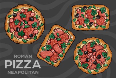 Salamlı pizza, jambon, Viyana sosisi, kalamata, zeytin, brokoli, pelati, pesto. El çizimi vektör illüstrasyonu