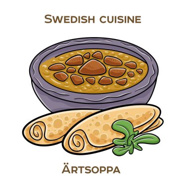 Artsoppa, geleneksel olarak ince, lezzetli gözlemelerle servis edilen doyurucu ve doyurucu bir bezelye çorbası. El çizimi vektör illüstrasyonu