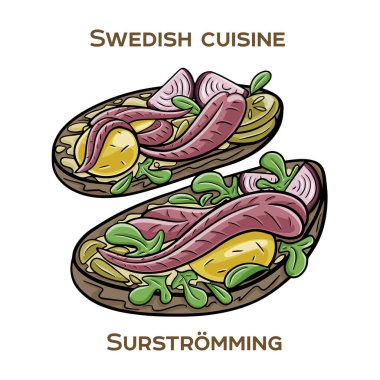 Surstromming, mayalanmış Baltık Denizi ringalarından oluşan ünlü bir İsveç lezzetidir. El çizimi vektör illüstrasyonu 
