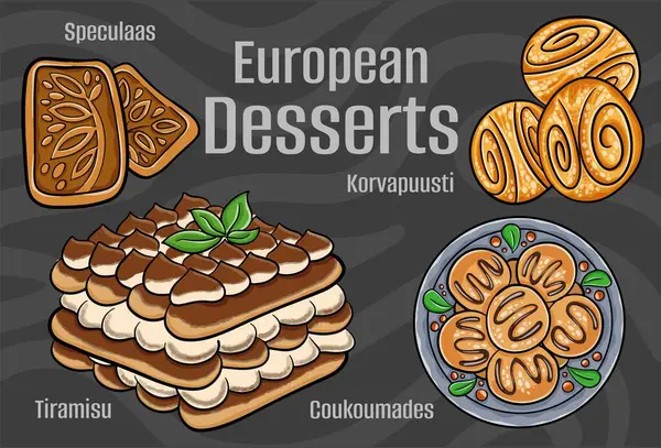 stock vector Popular desserts and sweets of European cuisines. Hand-drawn vector illustration