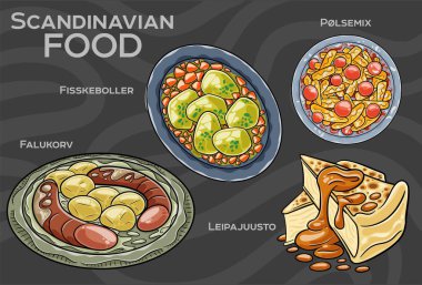 Popüler İskandinav yemekleri seti. El çizimi vektör illüstrasyonu. 