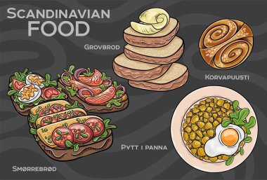 Popüler İskandinav yemekleri seti. El çizimi vektör illüstrasyonu. 