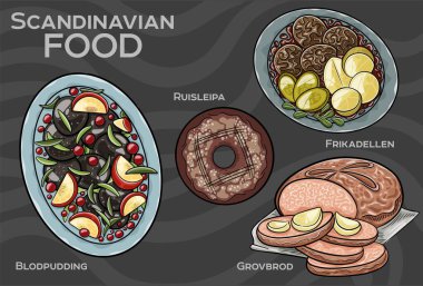 Popüler İskandinav yemekleri seti. El çizimi vektör illüstrasyonu. 