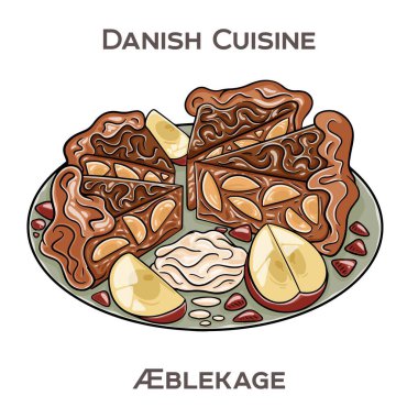 Aeblekage, tatlandırılmış elma püresi, ezilmiş kurabiye, ekmek kırıntıları ve çırpılmış kremadan oluşan geleneksel bir Danimarka tatlısıdır..