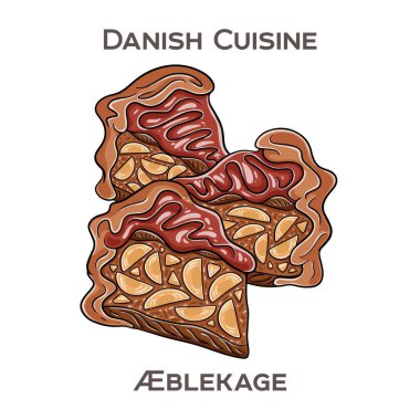 Aeblekage, tatlandırılmış elma püresi, ezilmiş kurabiye, ekmek kırıntıları ve çırpılmış kremadan oluşan geleneksel bir Danimarka tatlısıdır..