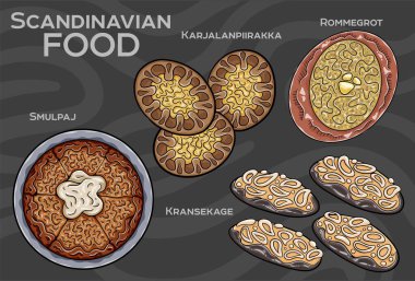 Popüler İskandinav yemekleri seti. El çizimi vektör illüstrasyonu. 