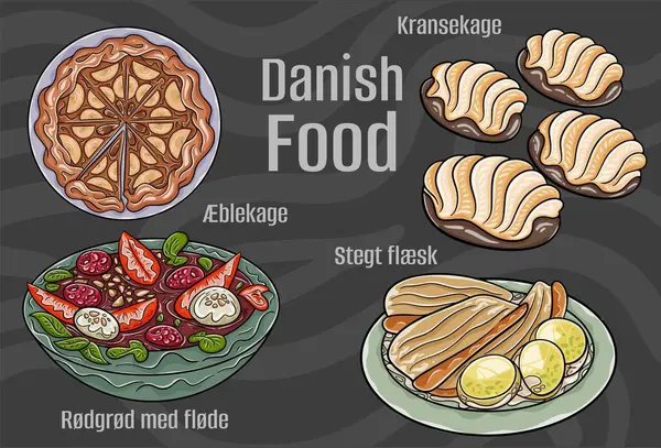 stock vector Popular Danish Traditional Cuisine Set. Hand-drawn vector illustration on a dark background. 