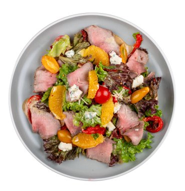 Çeri domatesli ve portakallı biftek salatası.