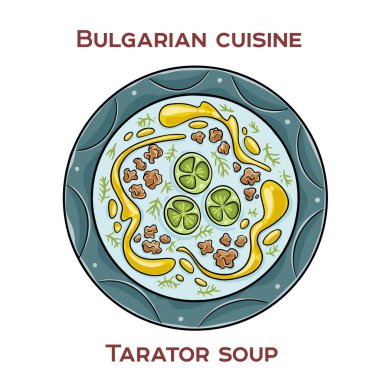 Tarator, yoğurt, salatalık, dereotu, sarımsak ve ezilmiş cevizden yapılan ve yazın sevilen soğuk Bulgar çorbası..