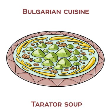 Tarator, yoğurt, salatalık, dereotu, sarımsak ve ezilmiş cevizden yapılan ve yazın sevilen soğuk Bulgar çorbası..