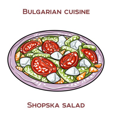 Shopska salatası rendelenmiş domates, salatalık ve ayçiçeği yağı ve sirke ile kaplanmış parçalanmış beyaz sirke peynirinden oluşan canlı bir Bulgar yemeğidir..