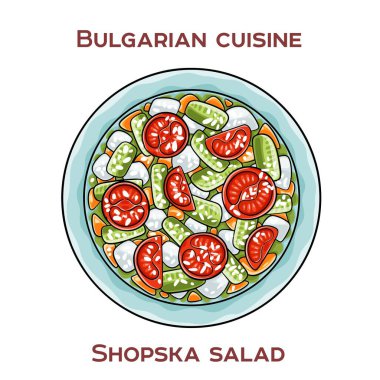 Shopska salatası rendelenmiş domates, salatalık ve ayçiçeği yağı ve sirke ile kaplanmış parçalanmış beyaz sirke peynirinden oluşan canlı bir Bulgar yemeğidir..