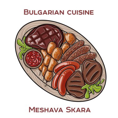 Bulgarian Mixed Grill (Meshana Skara): A hearty platter featuring an assortment of grilled meats including kebapche, kyufte, pork steaks, and sausages, served with fresh vegetables and traditional garnishes. clipart