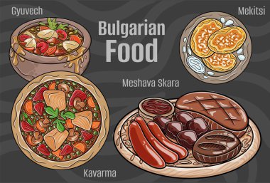 Ünlü Bulgar yemeklerinin yer aldığı el yapımı bir vektör seti.