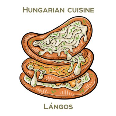 Langos is a traditional Hungarian street food consisting of deep-fried dough topped with sour cream, cheese, and sometimes garlic or bacon. clipart