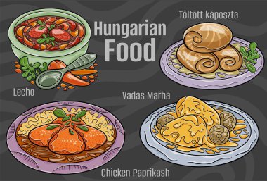 A hand-drawn vector illustration featuring a collection of famous Hungarian dishes. clipart