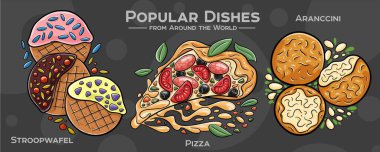 Global Culinary Collection: A hand-drawn set featuring iconic and beloved dishes from diverse cuisines around the world. Pizza, stroopwafel, aranccini. clipart