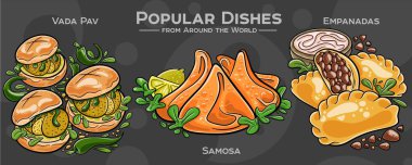 Global Culinary Collection: A hand-drawn set featuring iconic and beloved dishes from diverse cuisines around the world. Samosa, empanadas, vada pav. clipart