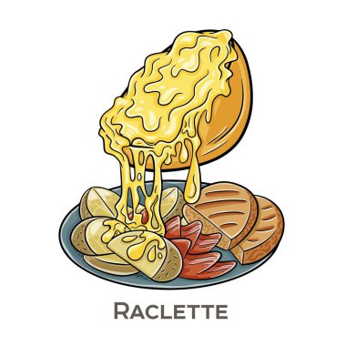 Raclette is a traditional Swiss dish featuring melted cheese scraped onto potatoes and other accompaniments. clipart