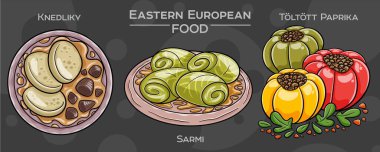 Popüler Doğu Avrupa Geleneksel Gıda Seti. Koyu arkaplanda elle çizilmiş vektör çizimi