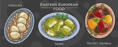 Popüler Doğu Avrupa Geleneksel Gıda Seti. Koyu arkaplanda elle çizilmiş vektör çizimi