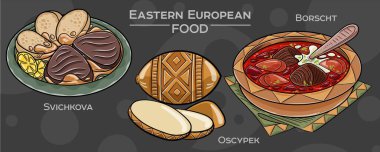 Popüler Doğu Avrupa Geleneksel Gıda Seti. Koyu arkaplanda elle çizilmiş vektör çizimi