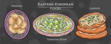 Geleneksel Doğu Avrupa Mutfağı: Koyu arkaplandaki popüler yemeklerden oluşan el çizimi vektör kümesi