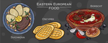Popüler Doğu Avrupa Geleneksel Gıda Seti. Koyu arkaplanda elle çizilmiş vektör çizimi