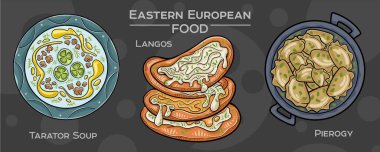 Geleneksel Doğu Avrupa Mutfağı: Koyu arkaplandaki popüler yemeklerden oluşan el çizimi vektör kümesi