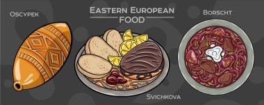 Popüler Doğu Avrupa Geleneksel Gıda Seti. Koyu arkaplanda elle çizilmiş vektör çizimi
