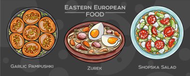 Geleneksel Doğu Avrupa Mutfağı: Koyu arkaplandaki popüler yemeklerden oluşan el çizimi vektör kümesi