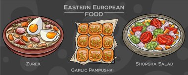 Geleneksel Doğu Avrupa Mutfağı: Koyu arkaplandaki popüler yemeklerden oluşan el çizimi vektör kümesi