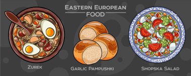 Geleneksel Doğu Avrupa Mutfağı: Koyu arkaplandaki popüler yemeklerden oluşan el çizimi vektör kümesi