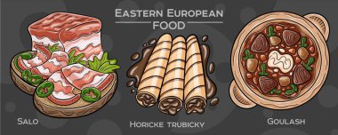 Doğu Avrupa Mutfak Gelenekleri: Popüler gıdaların elle çizilmiş vektör çizimlerinin toplanması, karanlık bir zemine karşı hazırlanıyor