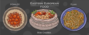 Doğu Avrupa Mutfak Gelenekleri: Popüler gıdaların elle çizilmiş vektör çizimlerinin toplanması, karanlık bir zemine karşı hazırlanıyor