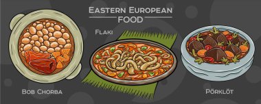 Doğu Avrupa Mutfak Gelenekleri: Popüler gıdaların elle çizilmiş vektör çizimlerinin toplanması, karanlık bir zemine karşı hazırlanıyor