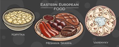 Bir dizi popüler Doğu Avrupa geleneksel yiyeceği. Vektör illüstrasyonu, elle çizilmiş ve koyu bir arkaplanda sunulmuştur