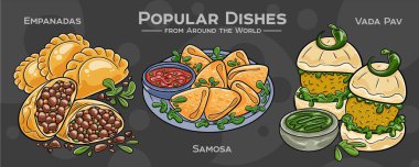 Küresel Mutfak Koleksiyonu: Dünyanın çeşitli yerlerinden ikonik ve sevilen yemeklerin yer aldığı el yapımı bir set. Samosa, börek, vada pav.