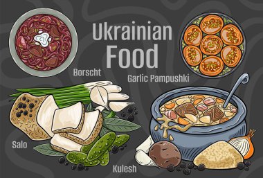 Popüler Ukrayna Geleneksel Mutfak Seti. Koyu arkaplanda elle çizilmiş vektör çizimi.