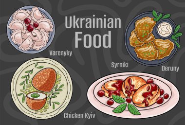 Popüler Ukrayna Geleneksel Mutfak Seti. Koyu arkaplanda elle çizilmiş vektör çizimi.