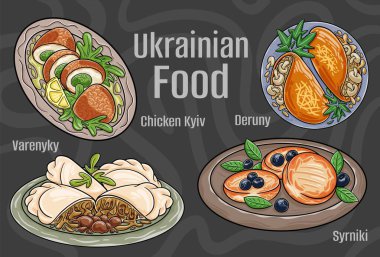 Popüler Ukrayna Geleneksel Mutfak Seti. Koyu arkaplanda elle çizilmiş vektör çizimi.