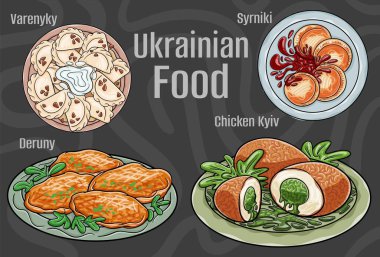 Popüler Ukrayna Geleneksel Mutfak Seti. Koyu arkaplanda elle çizilmiş vektör çizimi.