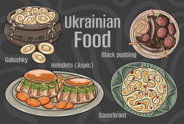 Popüler Ukrayna Geleneksel Mutfak Seti. Koyu arkaplanda elle çizilmiş vektör çizimi.