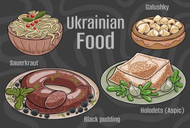 Popüler Ukrayna Geleneksel Mutfak Seti. Koyu arkaplanda elle çizilmiş vektör çizimi.