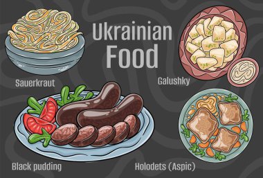 Popüler Ukrayna Geleneksel Mutfak Seti. Koyu arkaplanda elle çizilmiş vektör çizimi.
