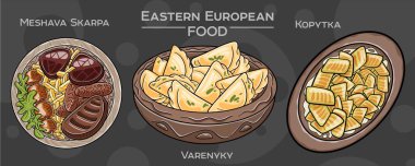 Bir dizi popüler Doğu Avrupa geleneksel yiyeceği. Vektör illüstrasyonu, elle çizilmiş ve koyu bir arkaplanda sunulmuştur