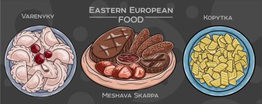 Bir dizi popüler Doğu Avrupa geleneksel yiyeceği. Vektör illüstrasyonu, elle çizilmiş ve koyu bir arkaplanda sunulmuştur