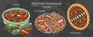 Popüler bir Doğu Avrupa geleneksel yiyecek setinin elle çizilmiş bir tasviri, koyu bir arka planda gösterilmiştir