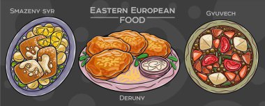 Popüler bir Doğu Avrupa geleneksel yiyecek setinin elle çizilmiş bir tasviri, koyu bir arka planda gösterilmiştir