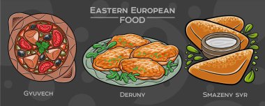 Popüler bir Doğu Avrupa geleneksel yiyecek setinin elle çizilmiş bir tasviri, koyu bir arka planda gösterilmiştir